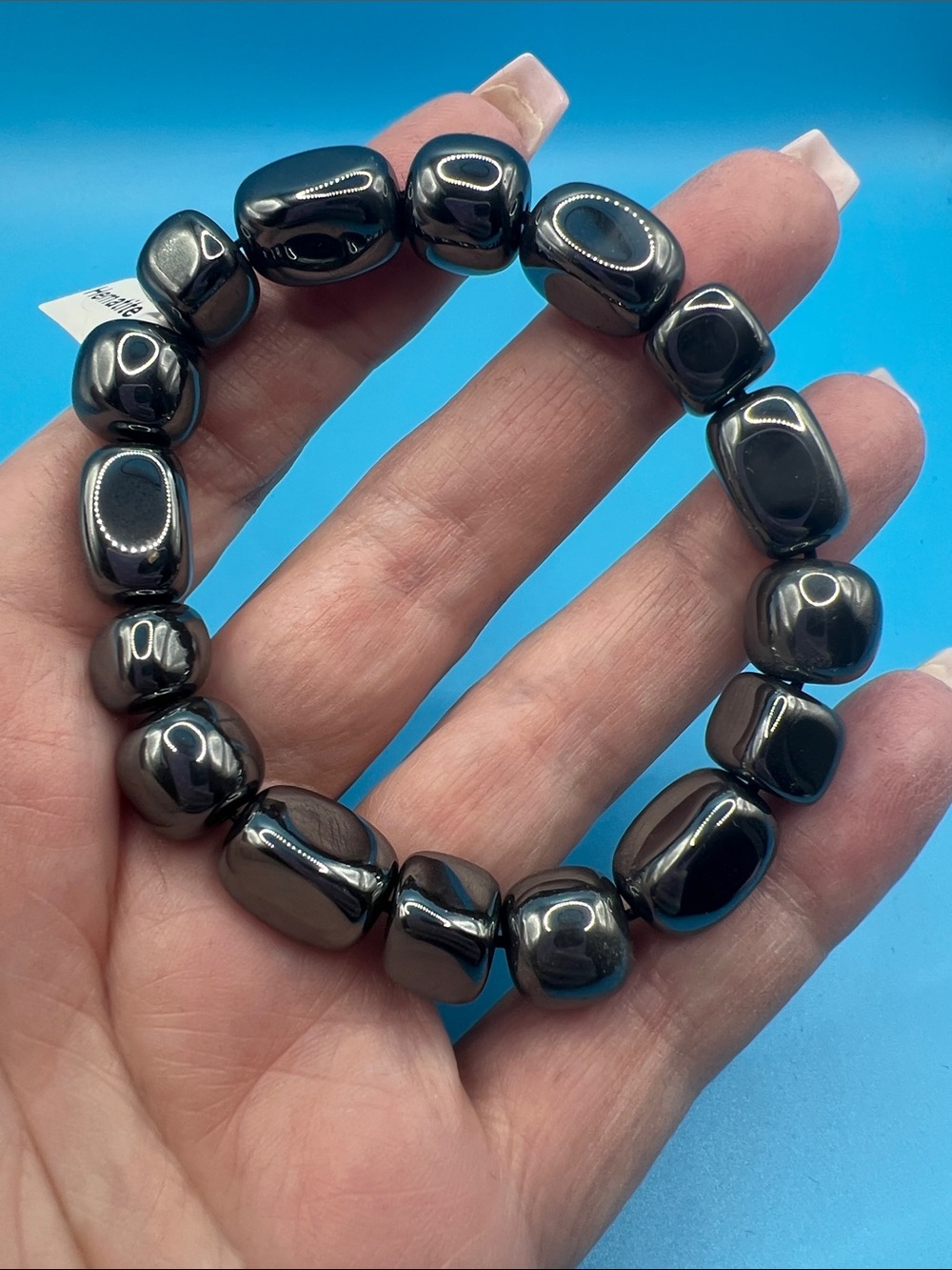 Polished Hematite Stretch Beaded Bracelet - Dark Metallic - Picture 3 of 4